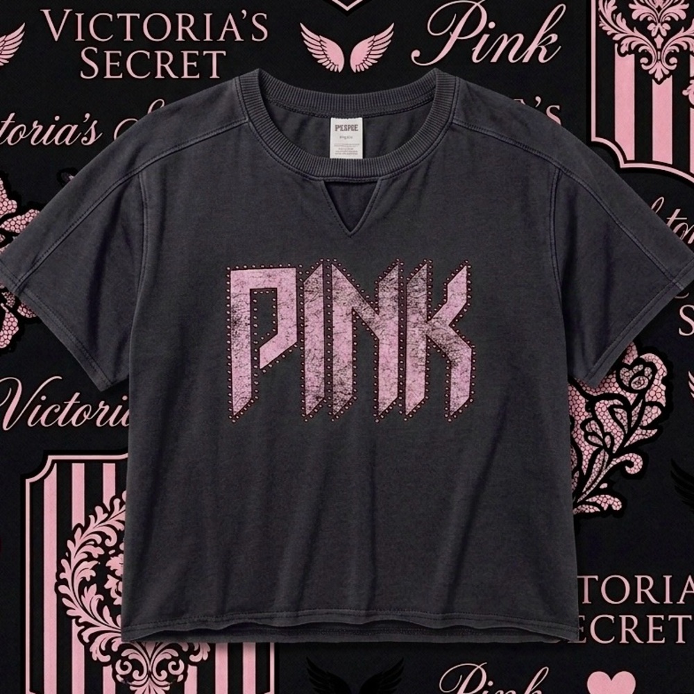 PINK Victoria's Secret Black Cropped Tee with Pink Studded Logo